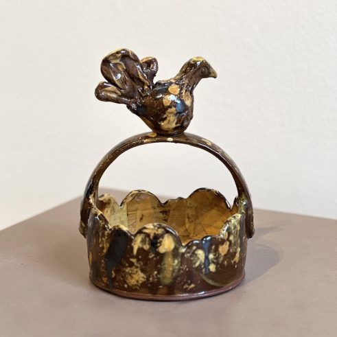 Handled Dish with Bird, Spotty Yellow Interior