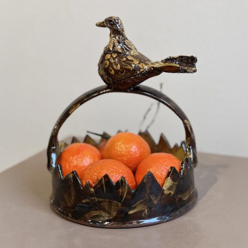 Handled Dish with Bird, Yellow Interior