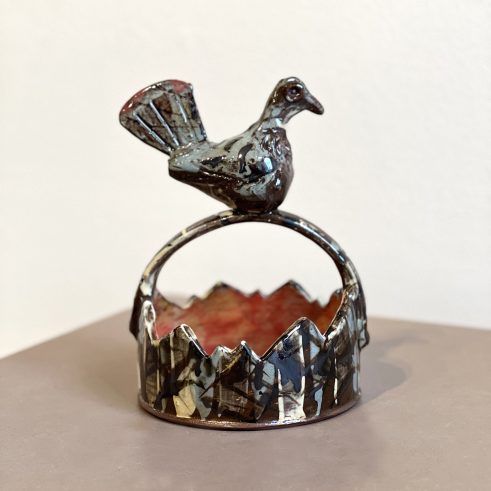 Handled Dish with Bird, Dark Yellow Interior