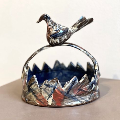 Handled Dish with Bird, Dark Blue Interior