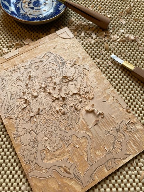 woodcut of Himawari Basket in progress