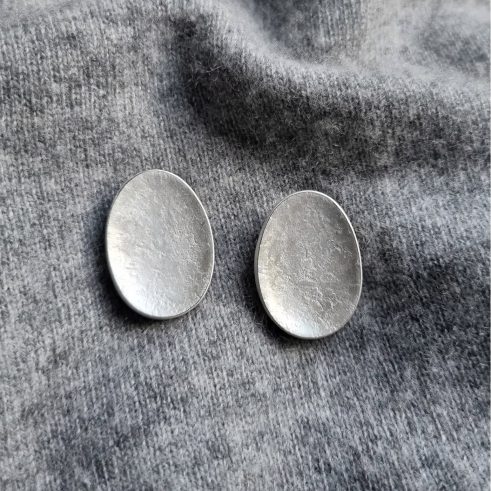 Textured Silver Concave Oval Earrings