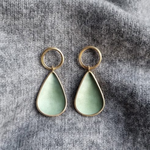 Green Enamel and Gold Teardrop Earrings