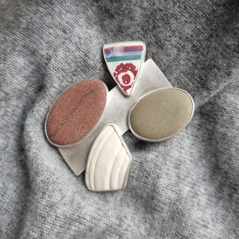 Pebble, Shell and Found Pottery Brooch