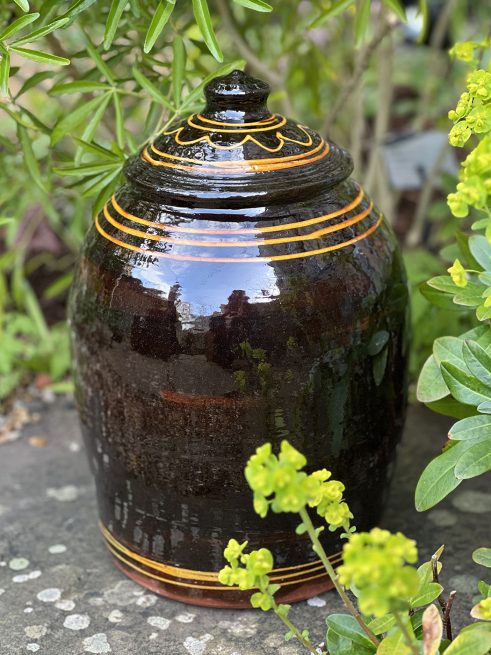 Black Lidded Store Jar Yellow Trail