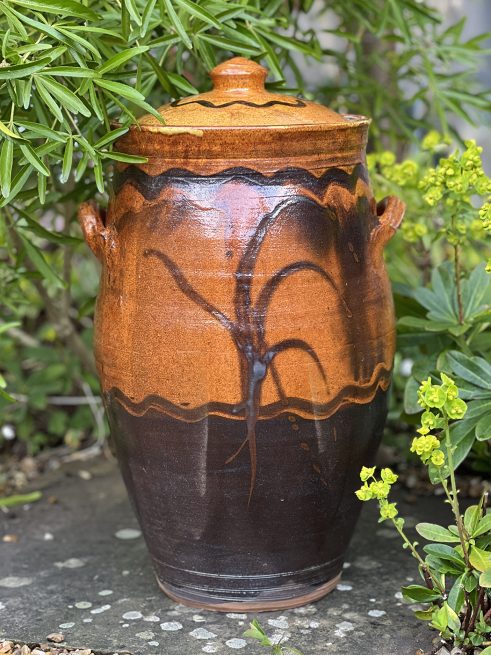 Brown Lidded Jar Small Handles Slip Trail and Finger Comb