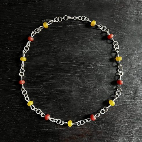 White Precious Metal, Carnelian and Yellow Agate Chain