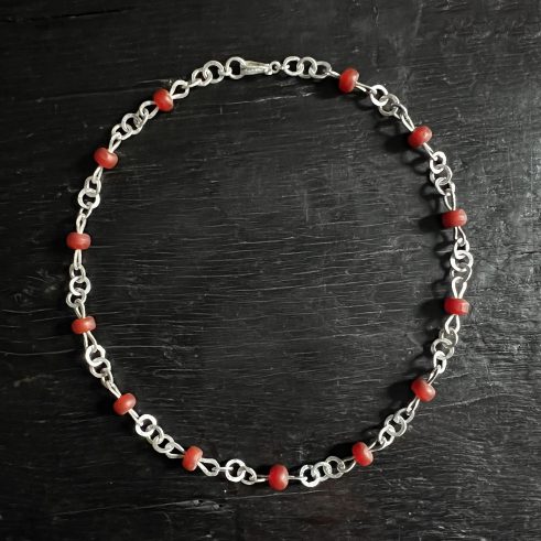 White Precious Metal and Carnelian Chain