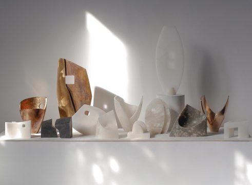 Sculptures in alabaster, black granite and bronze