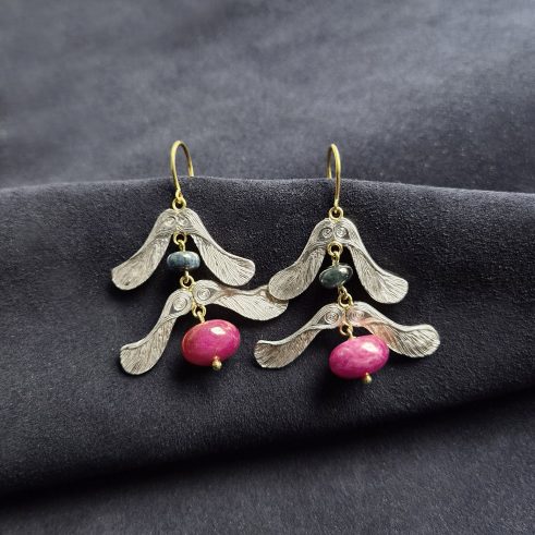 Ruby & Dark Sapphire Maple Seed Earrings