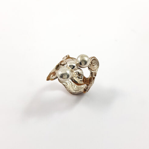 Rock ‘n’ Scroll Bronze Ring with Silver Beads