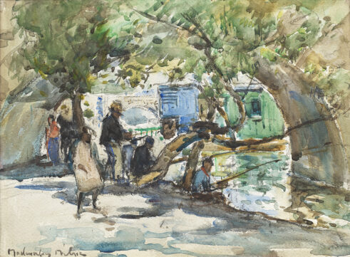 Figures Fishing on a Canal