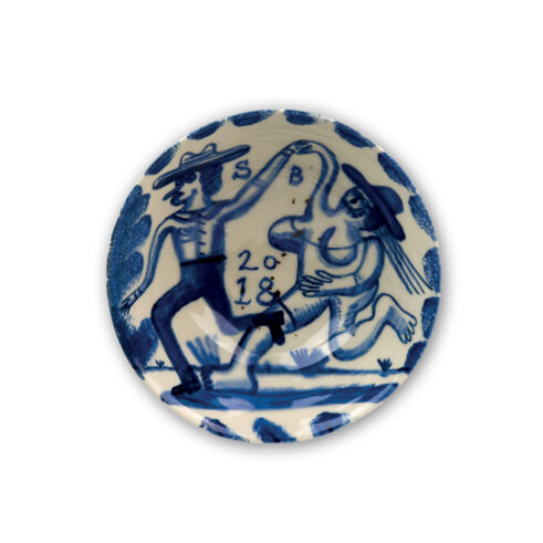 Blue and White Bowl with Running Couple