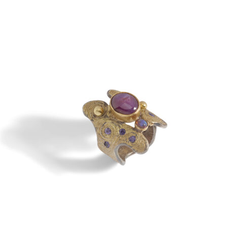 Rock ‘n’ Scroll Ruby, Black Opal & Sapphires Ring