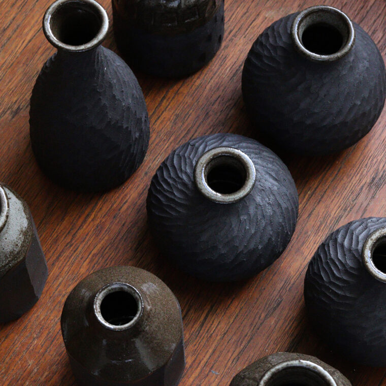 A selection of black stoneware vessels