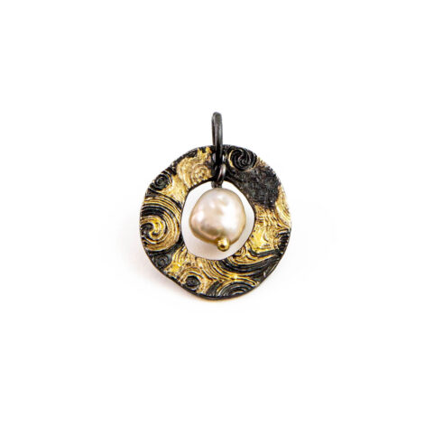 Oxidised Silver and18ct Fired Gold Pearl Drop Pendant