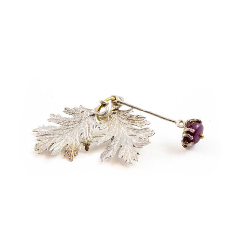 Hawthorne Leaf, Fly, and Ruby Bead with 18ct Gold Detail