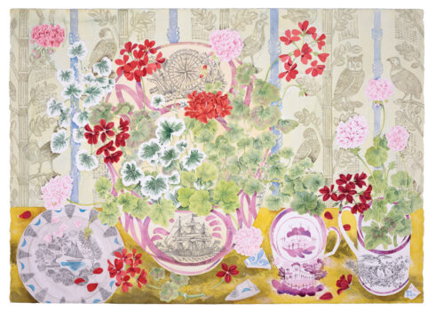 Pelargoniums, Lustreware and Birds